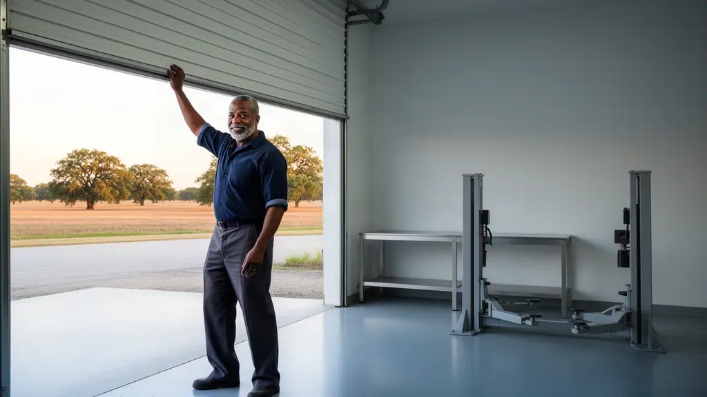 An auto-repair owner pushing up the roll-up door of a clean, empty service bay at dawn.